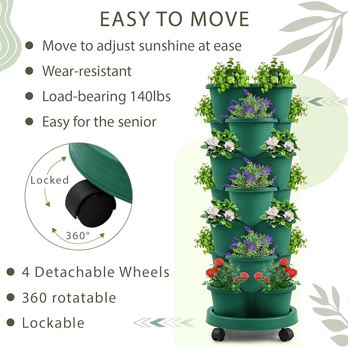 Umigy 2 Set Dark Green 7 Tier Stackable Vertical Planters with Removable Wheels and Tools Tower Planters Strawberry Herb Flower Vegetable Pots Indoor Outdoor Gardening Pots Umigy