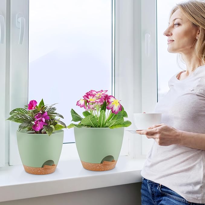 Plant Pots 8/7/6.5/6/5.5/5 Inch Self Watering Pots, Set of 6 Plastic Planters with Drainage Holes and Saucers,Plastic Flower Pots,Nursery Planting Pot for Indoor Out Door Plants(Green) QRRICA