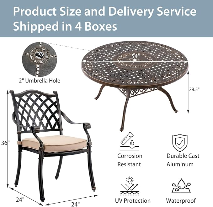 7-Piece Cast Aluminum Patio Furniture, Outdoor Dining Sets for 6 Include 54" Round Patio Dining Table and 6 Stackable Chairs with Cushions & Umbrella Hole (Bronze) Rootora