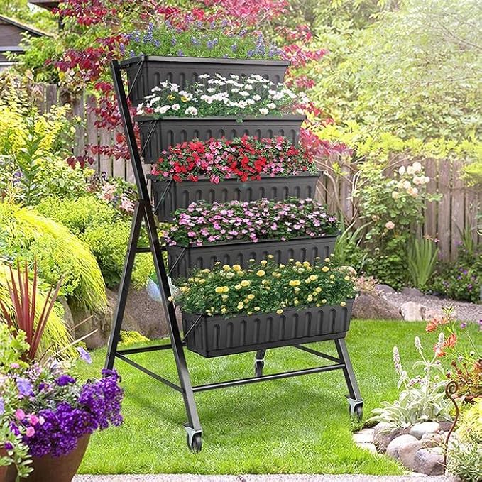 SEJOV 4FT Vertical Raised Garden Bed, 5-Tier Vertical Garden Planter with Drainage System, Larger Elevated Planter Box for Herb Vegetables Flowers Indoor Outdoor Planters (Black with Lockable Wheels) SEJOV