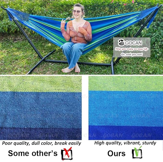 Brazilian Double Hammock 2 Person Extra Large 220x160cm Total Length 330cm Load 500lb Canvas Cotton Hammock for Patio Porch Garden Backyard Lounging Outdoor and Indoor(Blue/Green) XXL GOCAN
