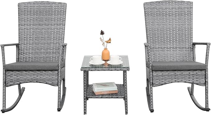 Outdoor Rocking Chair 3 Pieces High-Backed Rocking Chair Patio Rocking Chairs Outdoor Table and Chairs Anti-Slip Cushions Dark Grey Rootora
