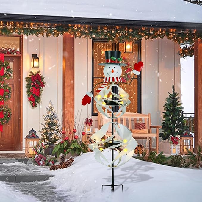 Outdoor Christmas Decorations Snowman Solar Wind Spinner Lighted Christmas Yard Stakes Outdoor Xmas Metal Wind Spinner Stake for Garden Lawn Pathway Party Decoration Afirst