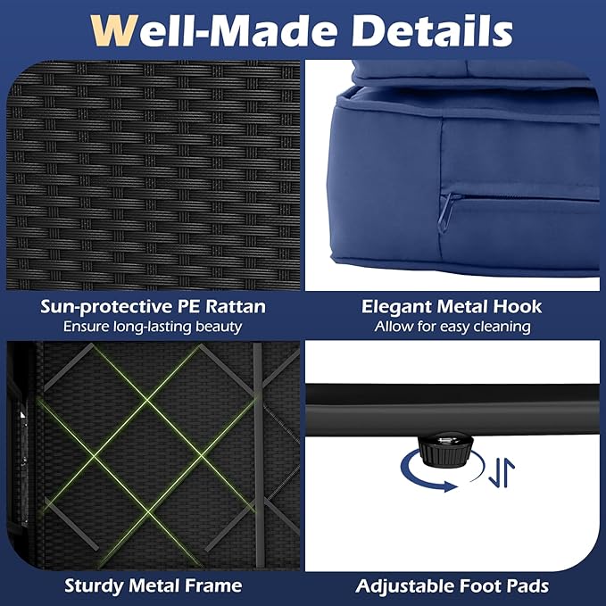 Tangkula Patio Rattan Daybed with 4-Level Adjustable Backrest, Outdoor PE Wicker Loveseat with Storage Ottoman & Folding Side Tray, Double Sunbed Lounger for Balcony, Backyard & Poolside (Navy) TANGKULA