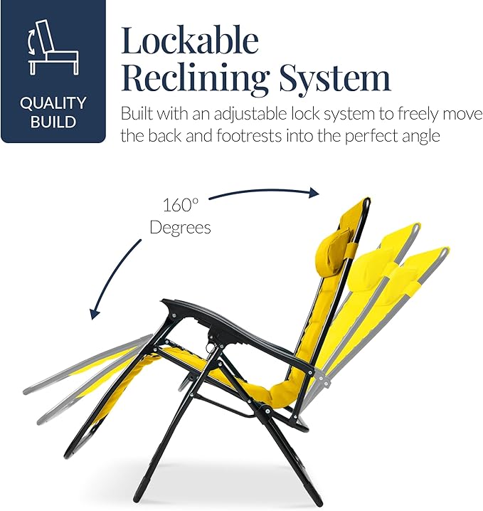 Best Choice Products Oversized Padded Zero Gravity Chair, Folding Outdoor Patio Recliner, XL Anti Gravity Lounger for Backyard w/Headrest, Cup Holder, Side Tray, Polyester Mesh - Yellow BestChoiceProducts