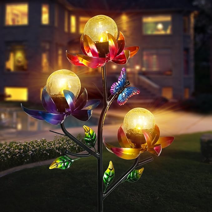 Solar Lights Outdoor Decorative Lotus Flowers Wind Spinner Garden Stake with LED Crackle Balls Solar Wind Sculpture Yard Art Decor for Patio, Lawn & Garden Afirst
