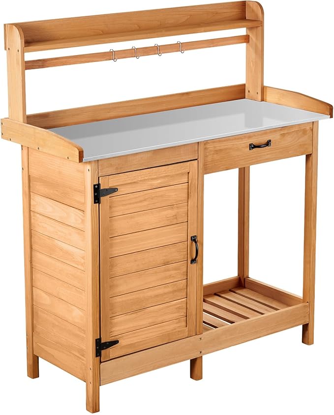VEVOR Potting Bench Table, 3-in-1 Outdoor Gardening Wooden Workstation with 44 x 19 in Galvanized Iron Tabletop, Garden Work Station with Drawer, Storage Cabinet & Shelves, Hooks for Patio, Backyard VEVOR
