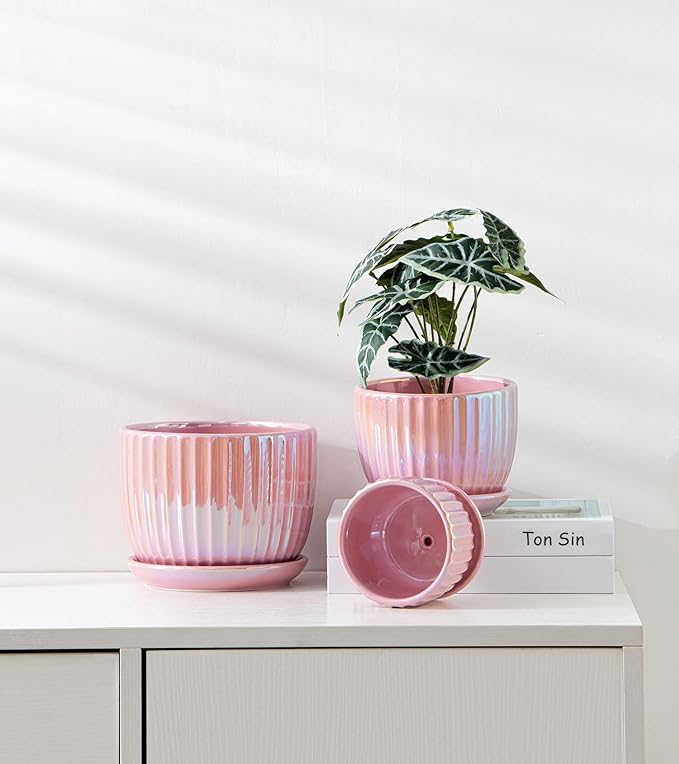 Ton Sin Pink Gold Ceramic Flower Pots, 4"+5"+6" Inch Small Glazed Succulent Planters with Drainage Hole,Modern Indoor Decorative Plant Pots Set of 3,Garden Pots with Saucer TonSin