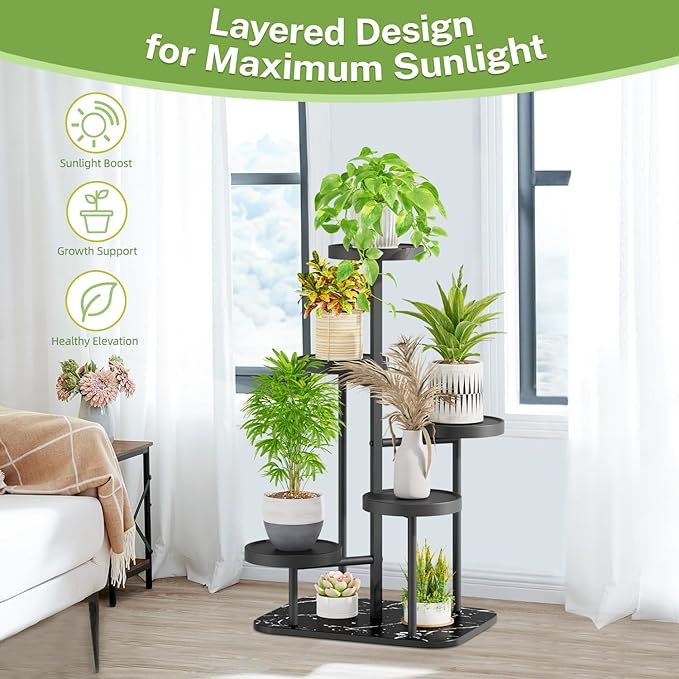 iDavosic.ly 5 Tier Plant Stand Indoor Outdoor, Tiered Corner Plant Stands for Multiple Plants, Metal Plastic Tall Plant Display Holder Flower Shelf for Patio Living Room Garden Balcony Bedroom, Black iDavosicly