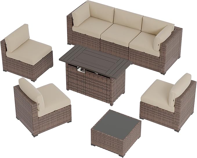 Aoxun Patio Furniture Sets, 8-Piece Outdoor Patio Furniture with 44'' Propane Gas Firepit Table, Wicker Outdoor Conversation Set Sectional Sofa for Backyard, Poolside, Garden (Black Cushion) Aoxun