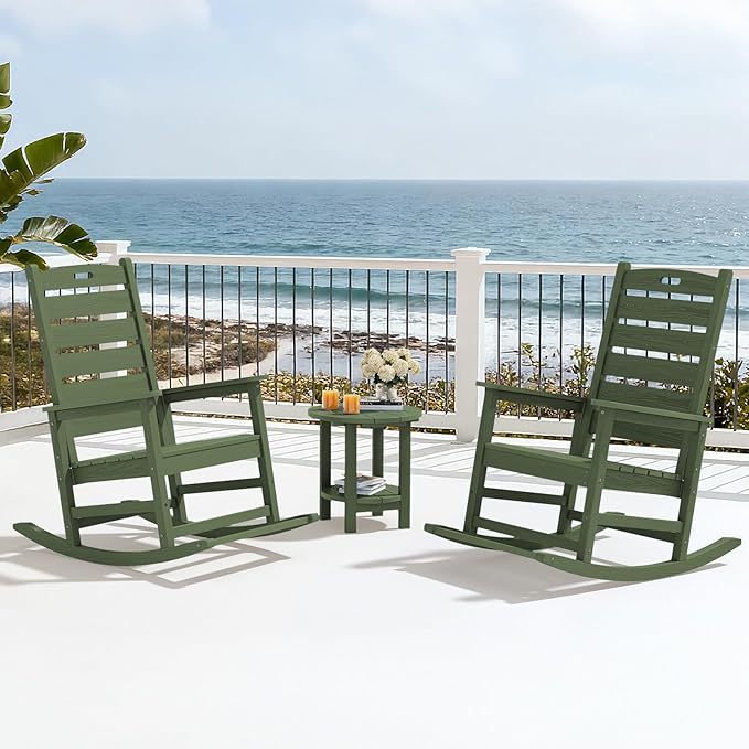 SERWALL Outdoor Rocking Chair Set of 4, Oversized HDPE Patio Rocking Chair with Footrest for Adults, All Weather Porch Rocker for Deck Patio Balcony, Avocado Green SERWALL