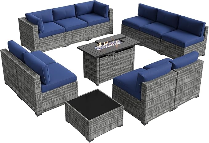 Aoxun Patio Furniture Sets, 12-Piece Outdoor Patio Furniture with 44'' Propane Gas Firepit Table, Wicker Outdoor Conversation Set Sectional Sofa for Backyard, Poolside, Garden Aoxun