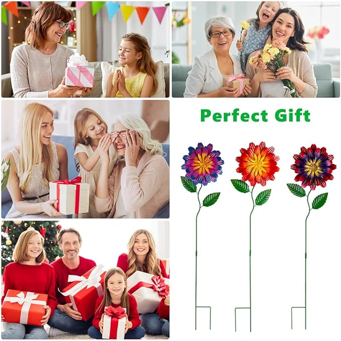 Metal Flowers for Outside,3 Pack Flowers Decorative Garden Stakes Spring Decor,Waterproof Metal Yard Art for Outside,Lawn,Patio,Yard SATHGA
