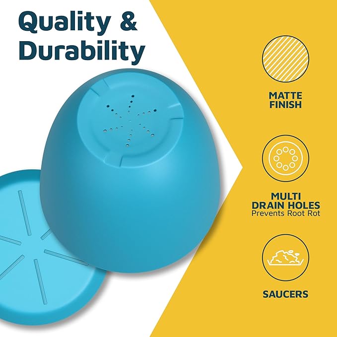 Blue Plant Pots with Drainage Holes & Saucers 5 Pack, Indoor & Outdoor Stackable Space-Saving Planters for Houseplants & Flowers, (7", 6.7", 6", 5.3", and 4.8" Inches), Durable & Weatherproof LIFEMASTER