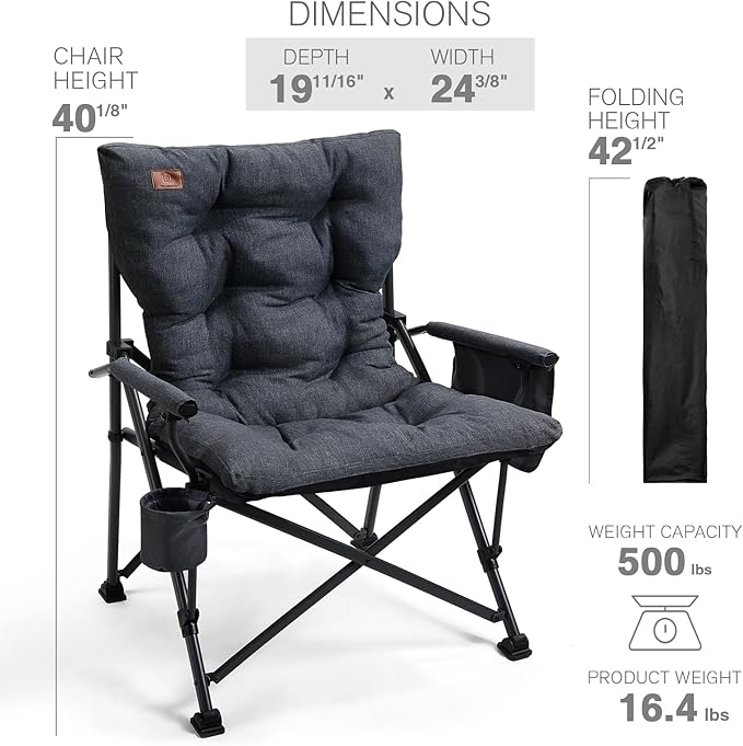 EVER ADVANCED Padded Oversized Folding Camping Chair for Adults, Heavy Duty Lawn Chair with Side Pockets, Portable Collapsible Quad Chair for Outside, Support Up to 500lbs, Black EVERADVANCED
