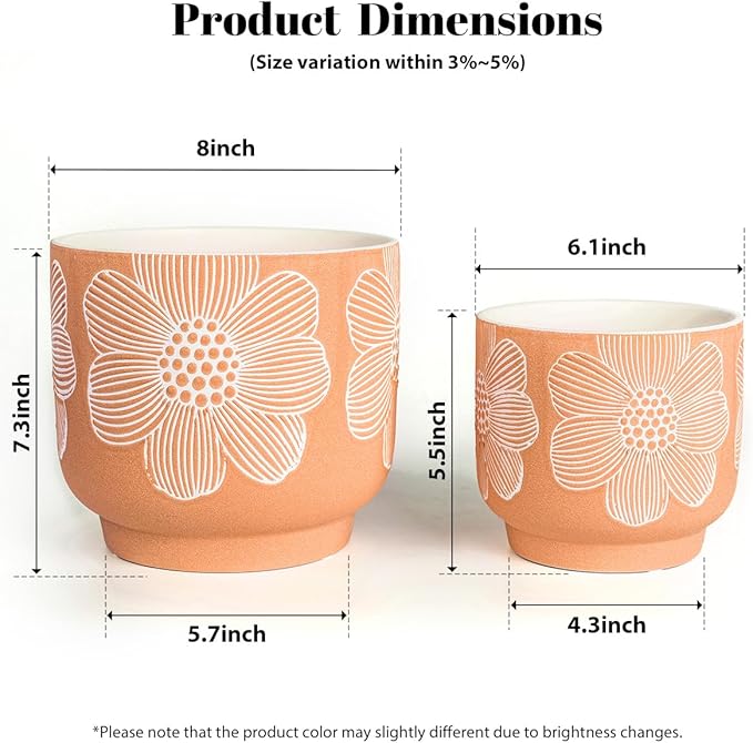 YBX 8 Inch + 6 Inch White Flower Pattern Plant Pots, Sand Glazed Ceramic Planter with Drainage Hole, Flower Pots for Indoor Plants, Orange YBXYIBOXUAN
