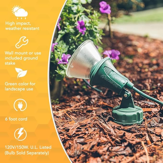 Woods Outdoor Floodlight | Green | 6-Foot Cord | Weather-Resistant | With Ground Stake | Pack of 6 Woods