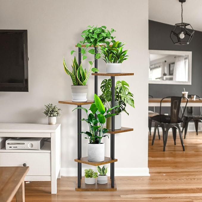 6 Tier Wood Tall Plant Stand Metal Rack Indoor, Multiple Flower Pot Holder Shelves Corner Rack, Planter Shelf Display Rack Storage Organizer for Patio Living Room Balcony Garden(Black) YOCOMEY