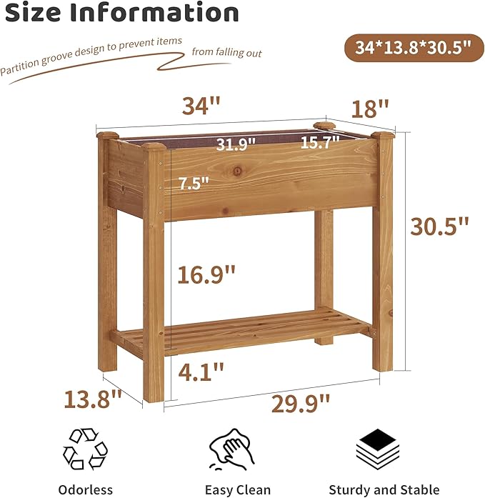 FILWH Raised Garden Bed with Legs Elevated Wooden Planter Box Stand Large Planter Stand Box for Fruits Vegetables Flowers with Divider with Bag - 34x18x30.5IN(Brown) FILWH