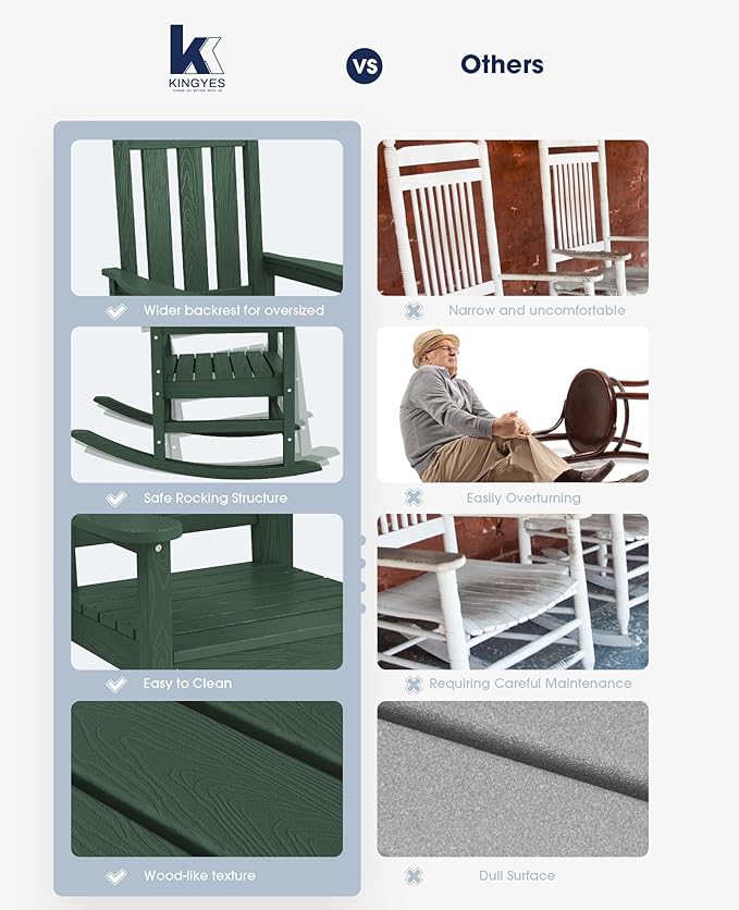 KINGYES Oversized Outdoor Rocking Chair Set of 2, All-Weather Patio Rocking Chairs for Porch, HDPE Outdoor Patio Rockers with High Back & Wide Seat for Garden, Lawn, Green KINGYES