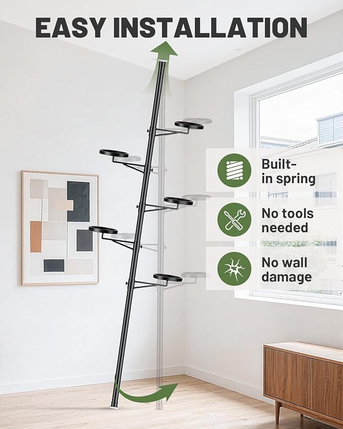 Tension Rod Plant Stand, 5 Tier Tension Pole Plant Stand with 5 Metal Trays, Plant Poles for Hanging Plants Indoor, Floor to Ceiling Plant Pole Hanging Plant Stand Zononoca