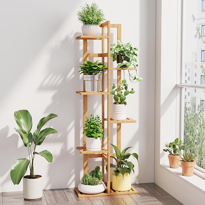 DolceLuna Plant Stand Indoor Corner, Tiered Bamboo Plant Shelf 46 Inch Tall, Plant Rack 6 Tier for Multiple Small Plants, Flower Holders for Living Room Bedroom Window Patio Balcony, Natural DolceLuna