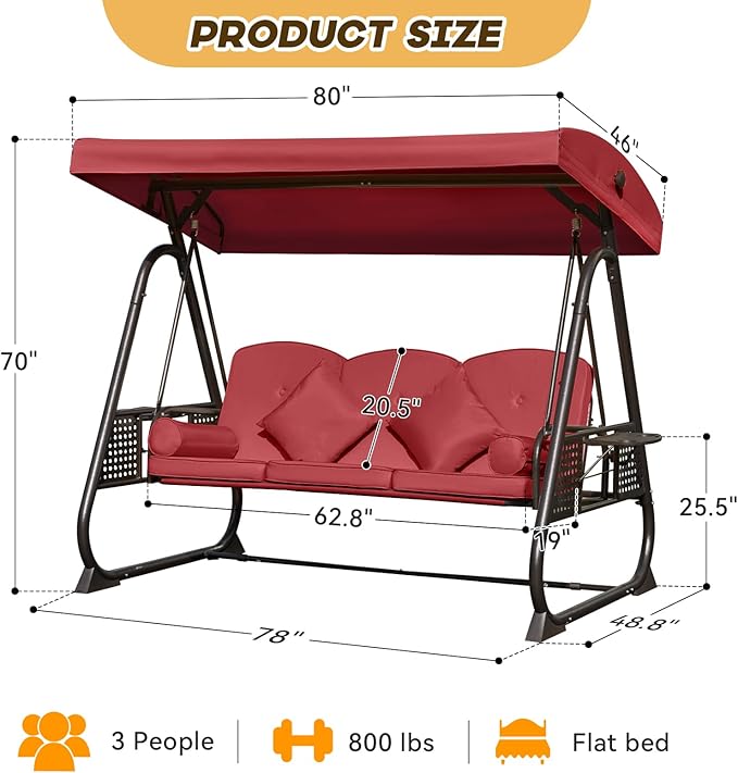 3 in 1 Outdoor Porch Swing with Adjustable Canopy, 3 Seat Outdoor Swing for Adults, Patio Swing Chair with Thickened Cushions,Pillows & Cup Holders for Backyard, Porch, Garden (Wine Red) YALISSEY