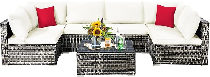 Tangkula 7 Pieces Wicker Patio Furniture Set, All-Weather Outdoor Rattan Sectional Sofa Set with Cushions & Tempered Glass Coffee Table, Outside Sofa Set for Garden, Lawn, Deck, Backyard (White) TANGKULA