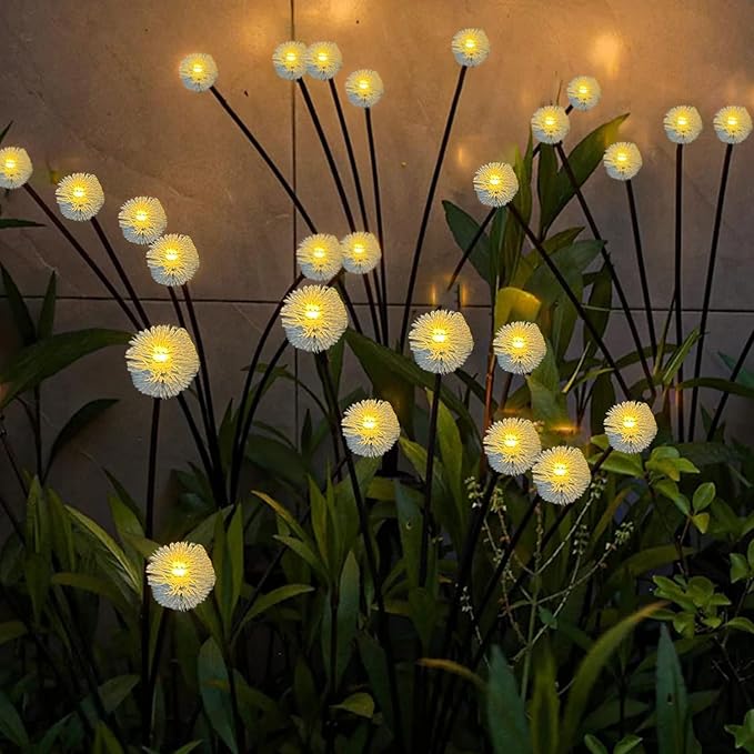 4PK 32LED Solar Garden Lights Outdoor, Dandelion Solar Lights Outdoor, IP65 Waterproof Firefly Light Outside Decor for Patio Pathway, Sway by Wind for Fairy Garden Dandelion Decorations, Warm White KAQ