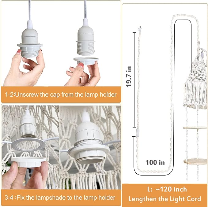 Macrame Plant Hanger Shelf Hanging Rope Shelf Indoor with Boho Lamp Shade 3 Tier Floating Round Shelves Decorative Shelf Flower Pot Holder Planter Display Rack Boho Home Decor-1 Set YKBU