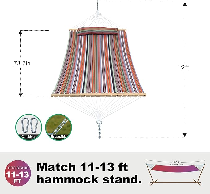 2 Person 12FT Hammocks for Outside, Double Quilted Fabric Outdoor Hammock with Spreader Bar, Large Removable Pillow, Storage Pockets, Carabiners, Max 475 lbs Capacity (Sunset Red Stripe) GafeteOutdoorLiving