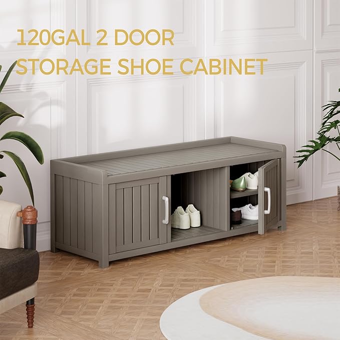 Storage Bench - Waterproof Resin Shoe Bench with Adjustable Shelves - Indoor & Outdoor Use, 2 Doors Entryway Bench with Hidden Storage Space - Storage Cabinet for Bedroom, Hallway, Grey Outdoorchairs