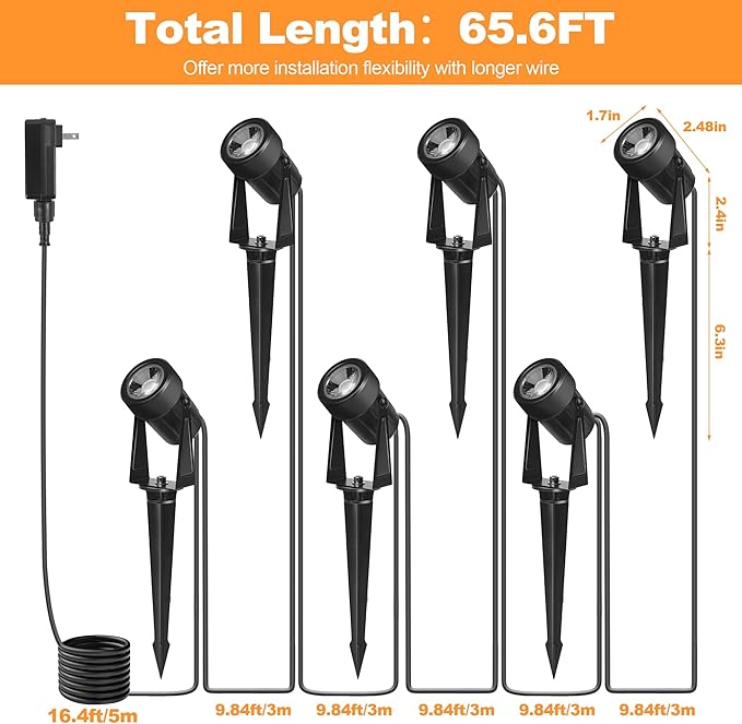 Outdoor Landscape lighting Low Voltage, 65.6FT Wired LED Spot light with Plug-in Transformer, IP65 Waterproof Outside Uplight 18W 1800LM for Yard Garden Tree Pathway House, Warm White 3000K, Pack of 6 NEWKAZ