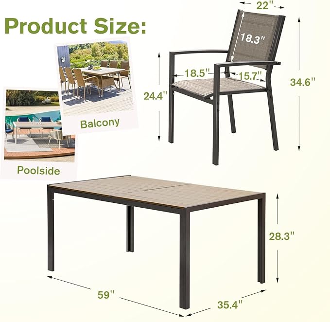 Homall Patio Dining Set 7 Pieces Outdoor Furniture with Large Table and 6 Textilene Chairs for Porch, Poolside, Yard and Garden, Brown Homall