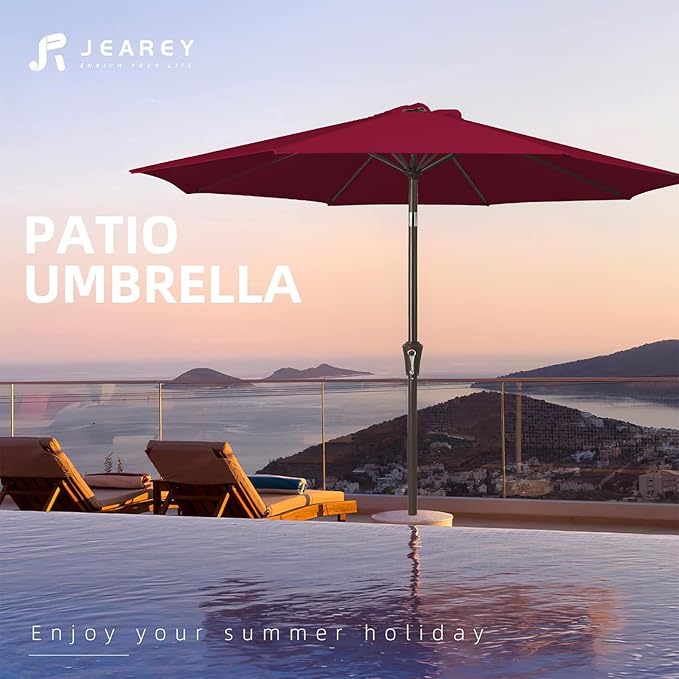 JEAREY 9FT Outdoor Patio Umbrella Outdoor Table Umbrella with Push Button Tilt and Crank, Market Umbrella 8 Sturdy Ribs UV Protection Waterproof for Garden, Deck, Backyard, Pool (Brick Red) JEAREYOutdoorsCollection