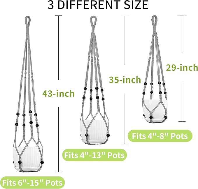 Macrame Plant Hanger - Fits 4 to 15 inches Pots for Indoor Outdoor, 43"/35"/29" Different Sizes Set, Gray (POTS NOT Included) IDEEEPAN