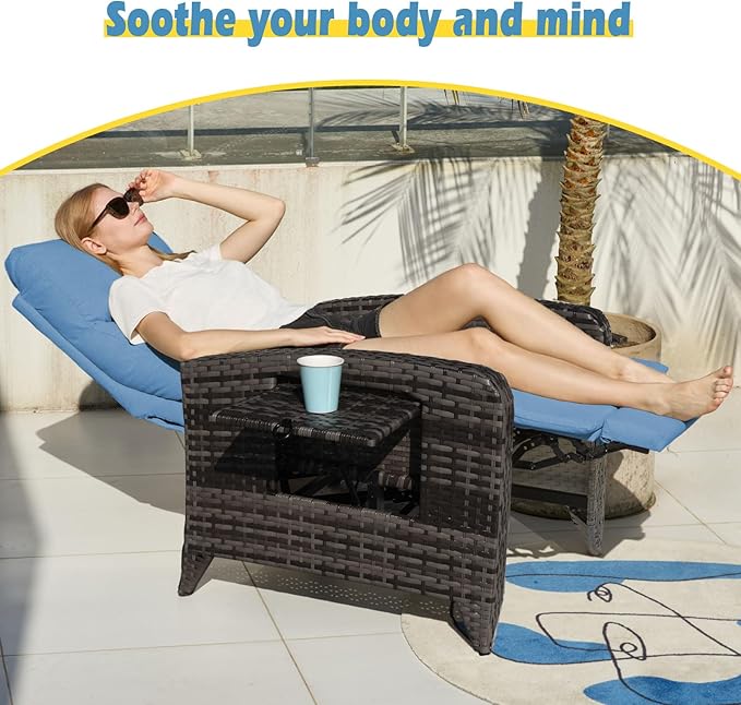 Upgraded Outdoor Recliner Chair, Reclining Patio Chairs with Adjustable Back up to 150°Lay Flat and Extended Footrest, Wicker Recliner Chairs with Flip Table and Removable Olefin Cushion zzw