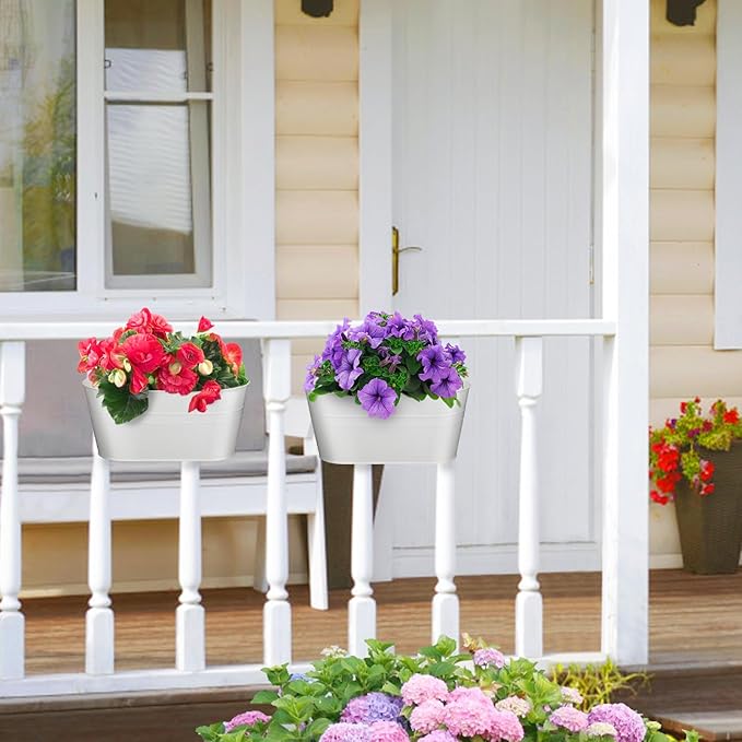 MADHOLLY Railing Planter with Drainage Holes - Sturdy Bucket Pots for Railing Fence, Countryside Style Metal Flower Pots for Herbs Balcony Garden Yard Decor, 2Pcs, White MADHOLLY