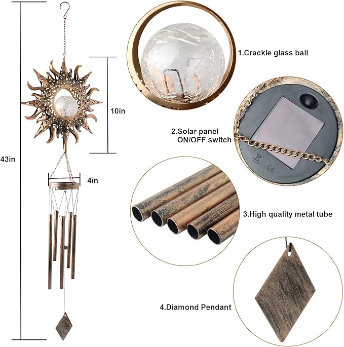 Solar Sun Light Wind Chimes for Outside for Women Gifts for Mom Grandma Wife Birthday Gift Crackle Glass Ball Windchimes Gardening Gift for Outdoor Patio Decor Yard Porch Decorations ShangTianFeng