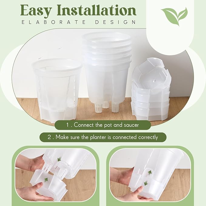 Self Watering Pots for Indoor Plants with Deep Reservoir and High Drainage Holes for Outdoor Plants and Flowers, Bare Root Planter(8.27'',Clear,6 Pcs) Wonderjune
