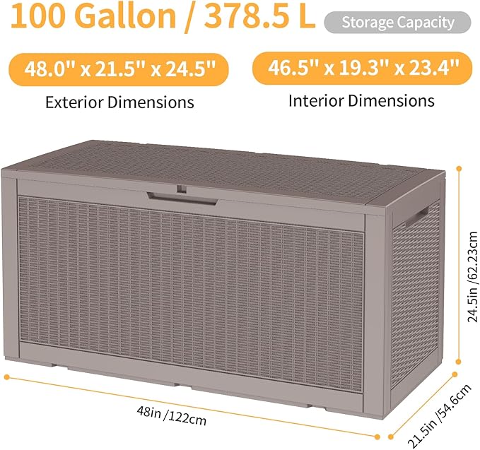 DRATO 100 Gallon Large Deck Box, Outdoor Storage Box for Patio Furniture, Patio Cushions, Gardening Tools, Pool Supplies,660lbs Weight Capacity,Waterproof Resin Storage Boxes(Gray,100 Gallon) DRATOprovidesawarmandcozy