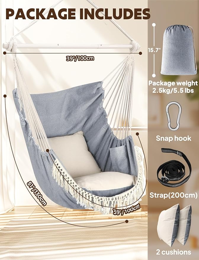 Chihee Hammock Chair Hanging Swing Max 500 Lbs 2 Cushions Included Metal Spreader Bar with Anti-Slip Grooves Portable Hanging Chair Side Pocket Large Macrame Bohemian Chair Indoor Outdoor Chihee