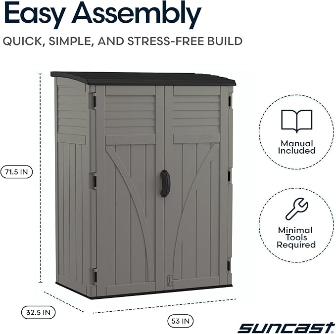 Suncast Outdoor Storage Cabinet Waterproof Resin Vertical Outdoor Storage Shed (54 cu. ft.) for Patio, Garden Tools, Cushions, & Equipment. Weatherproof Plastic Multi-Wall Design, Capacity Made in USA Suncast