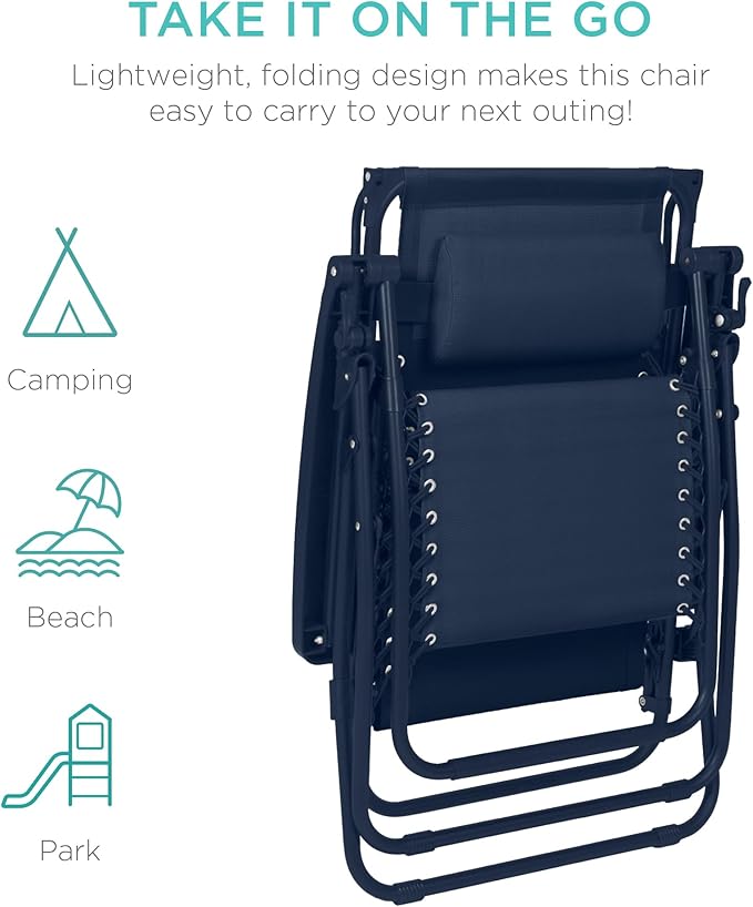 Best Choice Products Folding Zero Gravity Outdoor Recliner Patio Lounge Chair w/Adjustable Canopy Shade, Headrest, Side Accessory Tray, Textilene Mesh - Navy BestChoiceProducts