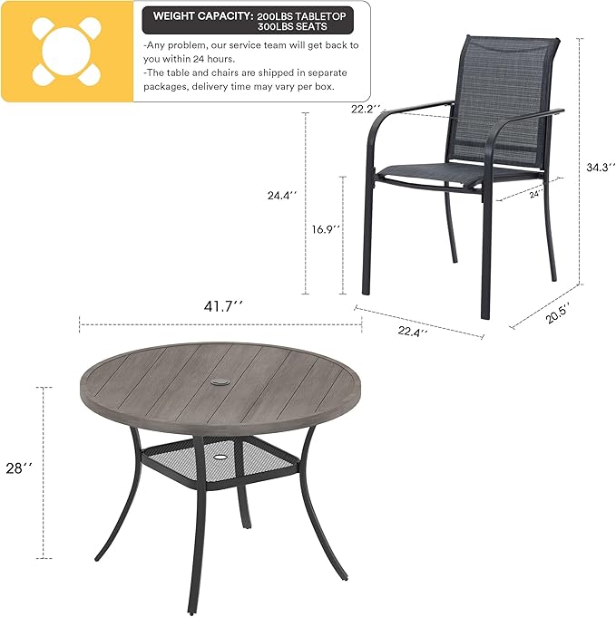 VICLLAX 5 Pieces Patio Dining Set, Outdoor Furniture Set Includes 41.2" Round Patio Table and 4 Patio Sling Chairs, Grey Wood-Like Tabletop and Dark Grey Fabric HOME