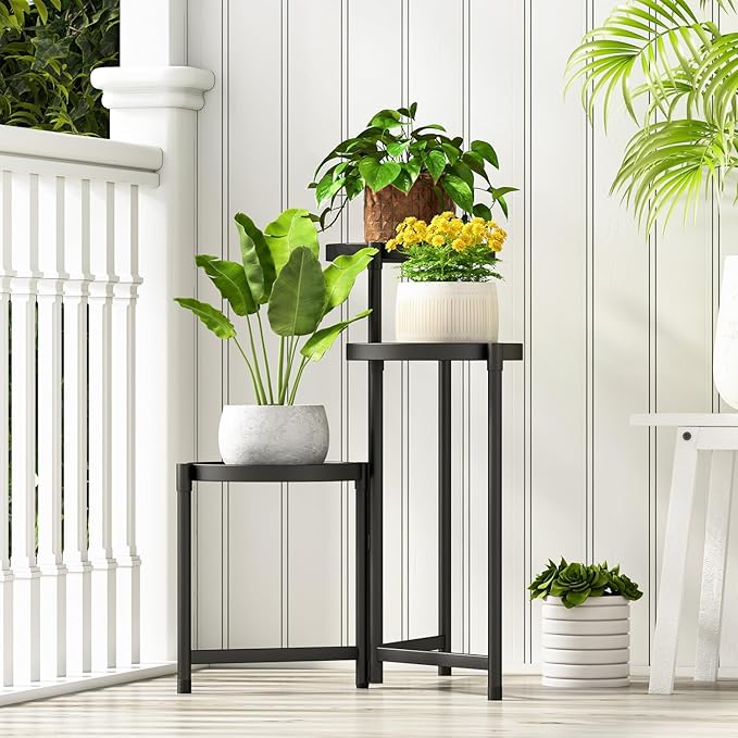 Plant Stand indoor outdoor-3 Tier black Tall Metal Flower Pot Holder 9in Wide Potted Display Rack - Heavy Duty Corner Plant Shelf for Patio Garden Balcony Living Bedroom Room Atpddpey