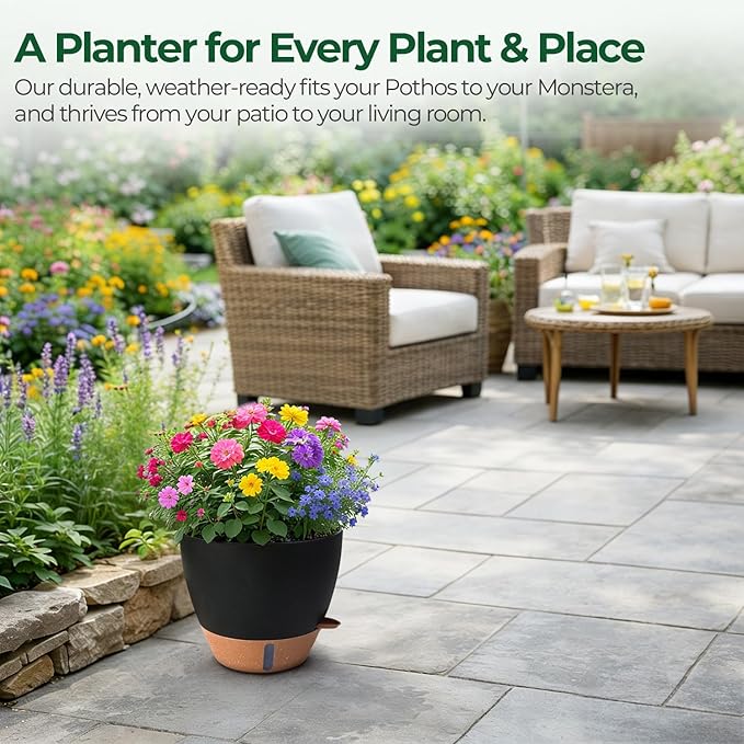 2 Pack 10 Inch Self Watering Pots - Water Level Indicator & Deep Reservoir, Mess-Free Planter for Busy People, Beginners & Gardeners, Fiddle Leaf Fig, Monstera, ZZ Plants, Indoor Outdoor Use (Black) T4U