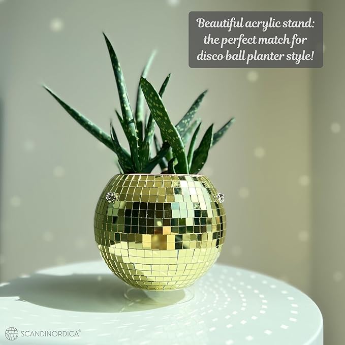 SCANDINORDICA Disco Ball Planter – Value Package: Mirror Disco Planter with Chain, Macrame Hanger and Acrylic Stand for Desk, Includes Self Watering Insert, Retro Decor | 6 inch Gold SCANDINORDICA