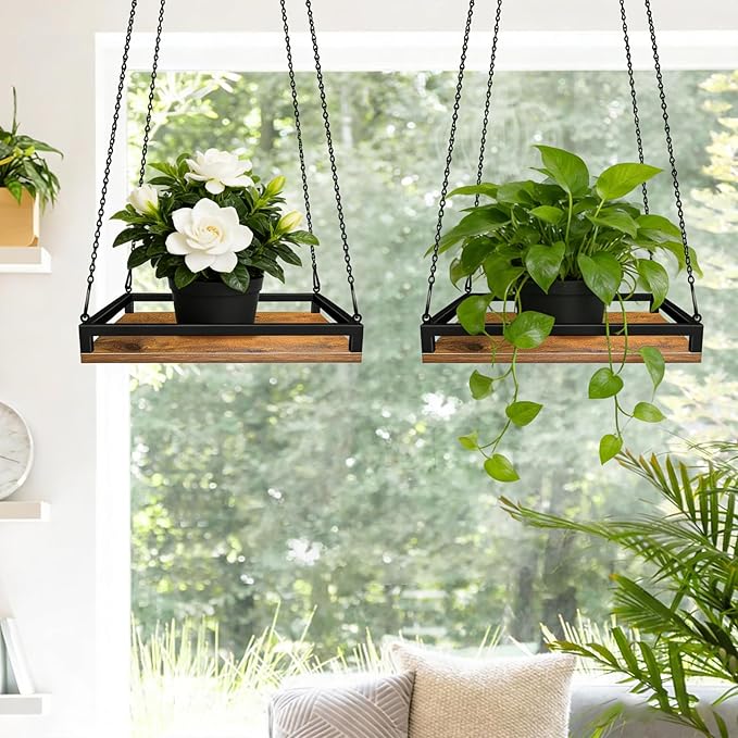 Plant Hanger Indoor, 11.8" Wooden Hanging Plant Holder with Metal Frame Hanging Planter for Indoor Plants Load 50LB Hanging Plant Shelf with 27.6" Long Chain, Ideal for Heavier Pots Window Ceiling Lilybud--lily