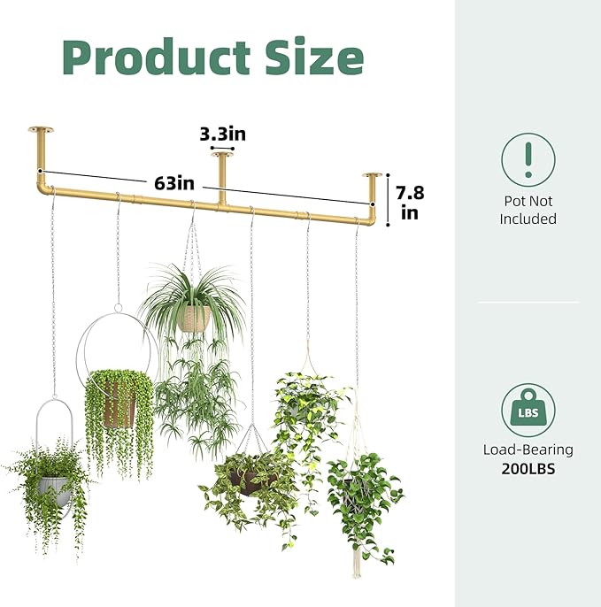 Plant Hanger Indoor Hanging Planters for Indoor Plants Hanging Plant Holder Window Plant Rod Gold Metal Shelves 63 Inch (Pot/Chains not Included Galood